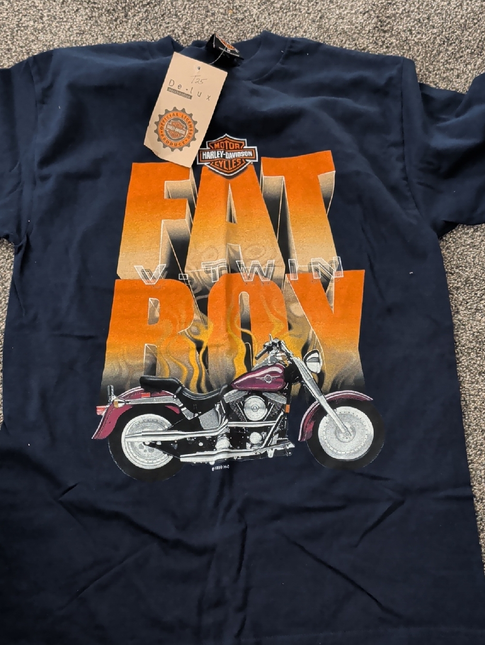 Vintage Harley-Davidson Navy Tee with Orange and Yellow Gradient FAT BOY Graphic